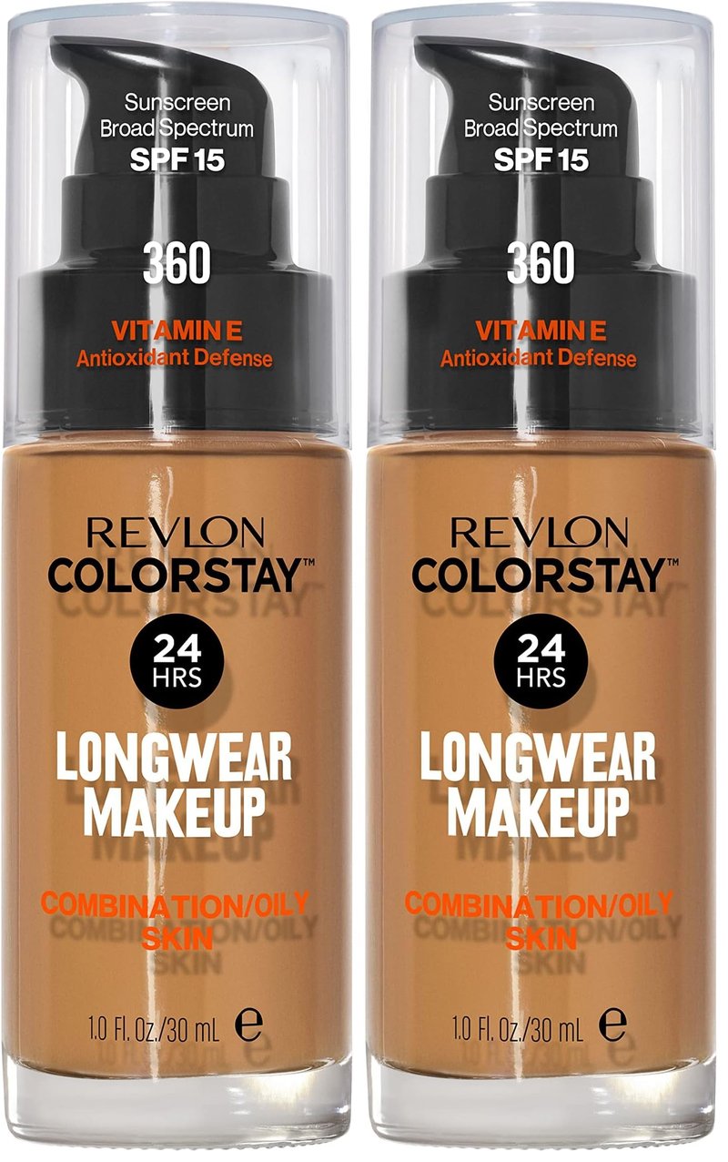 Revlon Liquid Foundation, ColorStay Face Makeup for Combination & Oily Skin, SPF 15, Medium-Full Coverage with Matte Finish, 360 Golden Caramel, 1 Fl Oz (Pack of 2)