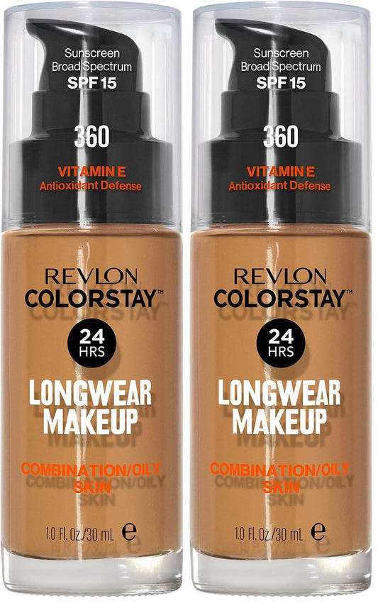 Revlon Liquid Foundation, ColorStay Face Makeup for Combination & Oily Skin, SPF 15, Medium-Full Coverage with Matte Finish, 360 Golden Caramel, 1 Fl Oz (Pack of 2)