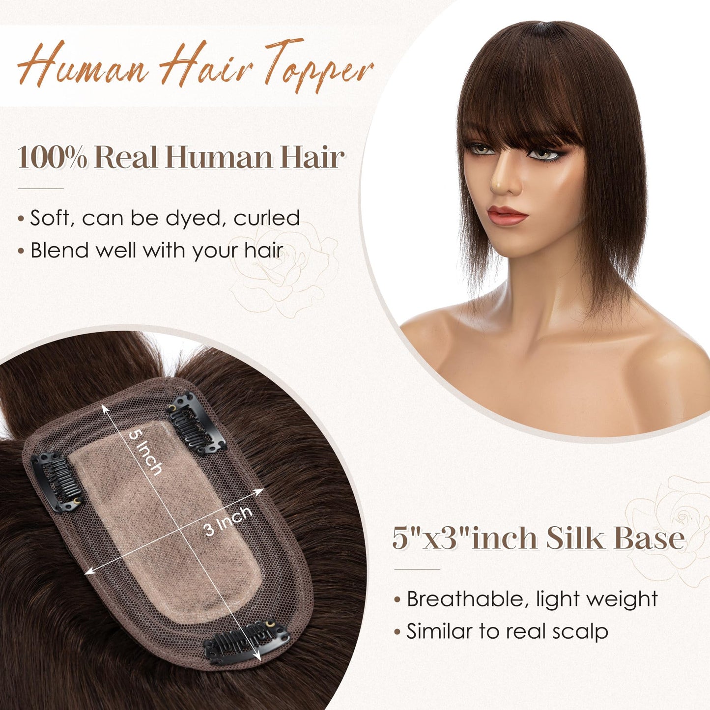 S-noilite Human Hair Toppers for Women with Bangs 100% Real Human Hairpiece 5"x3" Clip in Silk Base Topper Piece Cover Thinning Fine Hair 12 inch Chocolate Brown