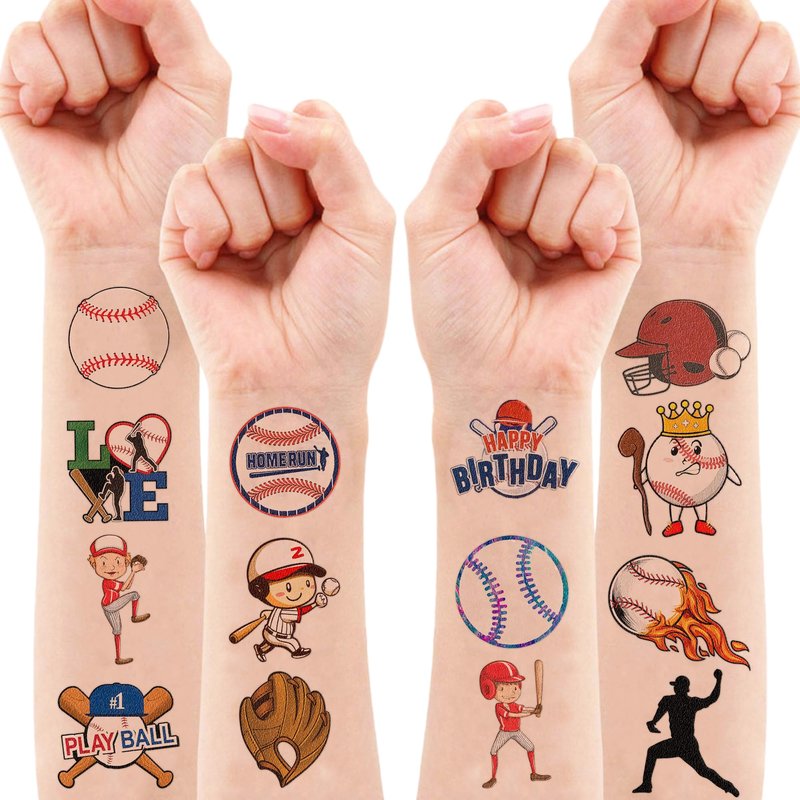 102 PCS Baseball Temporary Tattoos Sticker Softball Sports Theme Birthday Party Supplies Decorations Favors Gifts Boys Girls Adults Sporting Fans Game Player Cute Tattoo School Reward Prizes