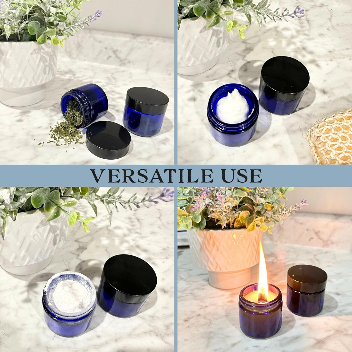 Cobalt Blue Glass Cosmetic Jars - 2oz Straight Sided Jars with Black Lined Lids | Pack of 12 for Balms & Creams