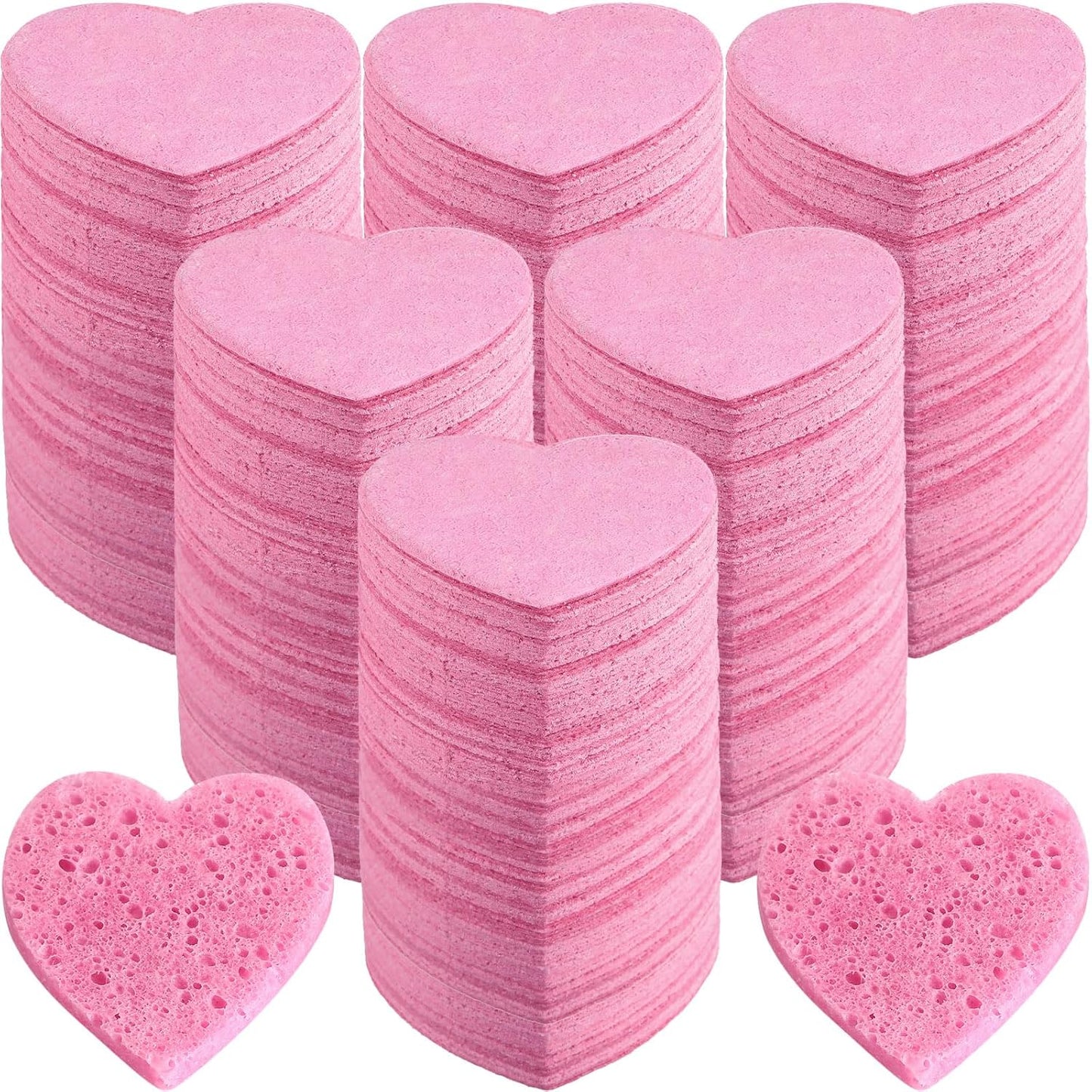 Heart Shape Facial Sponges - 300 Count Compressed Cleansing Pads | Natural Exfoliating for Estheticians (Pink)