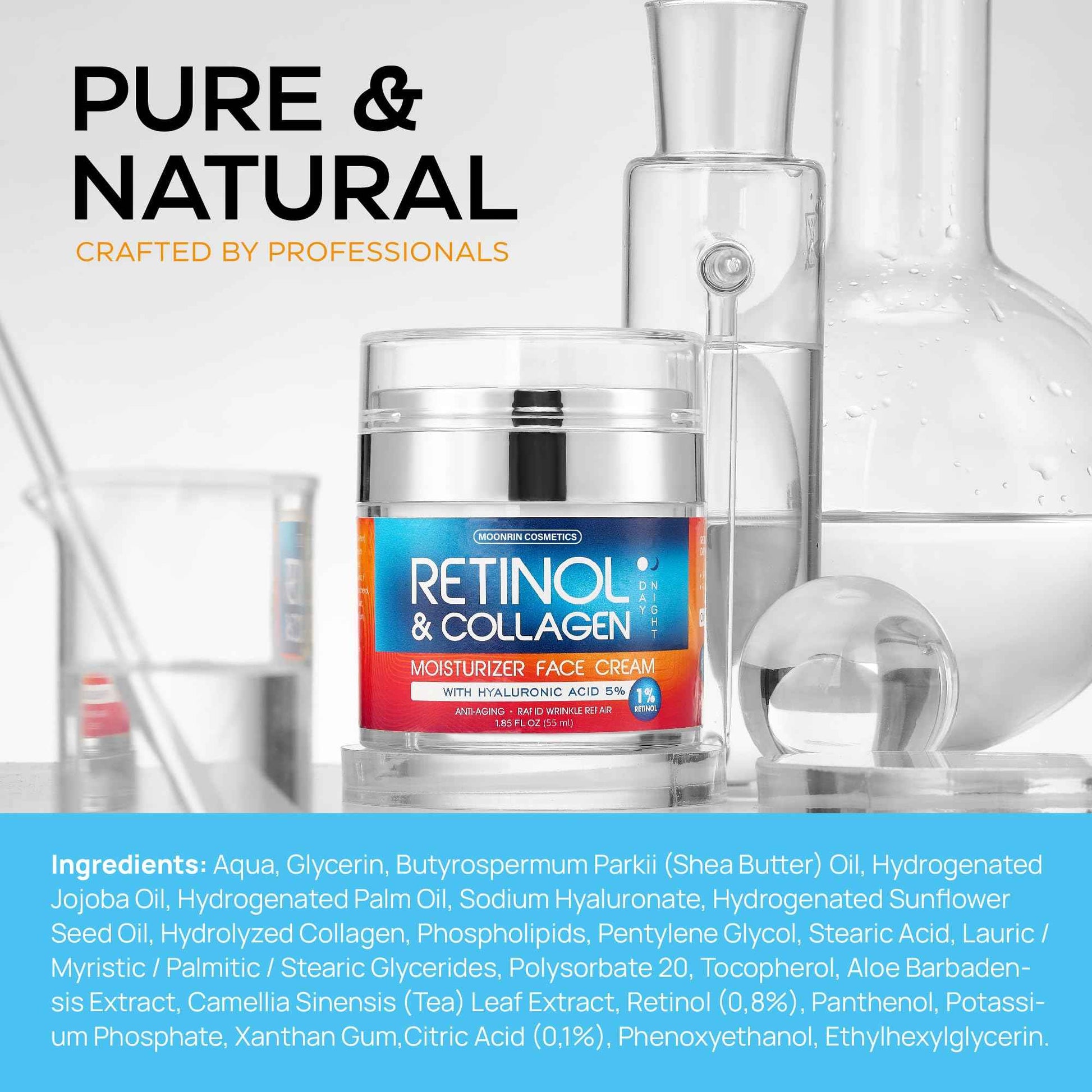 Retinol Cream for Face with Hyaluronic Acid, Day-Night Anti-Aging Moisturizer for Women, Men, Collagen Cream for Face Reduces Wrinkles, Dryness, 1.85 Oz