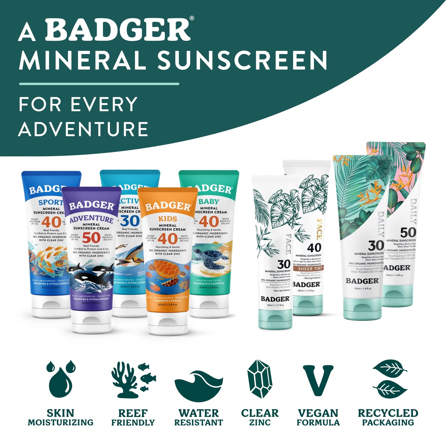 Badger Zinc Oxide Face Sunscreen SPF 30, Lightweight Mineral Sunscreen for Face, Matte Finish, No White Cast, Vegan, Water Resistant, Unscented, Mineral Sunblock Face Lotion, 1.7 fl oz