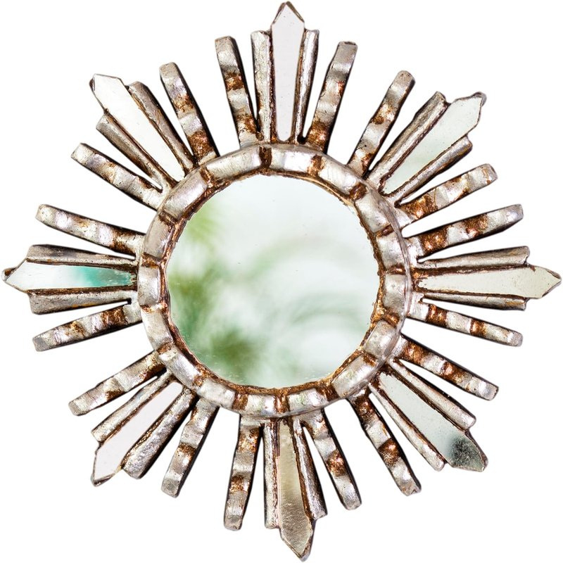 Sunburst Wall Mirror - Hand-Carved Peruvian Wood Round Decorative Accent | 6" Silver