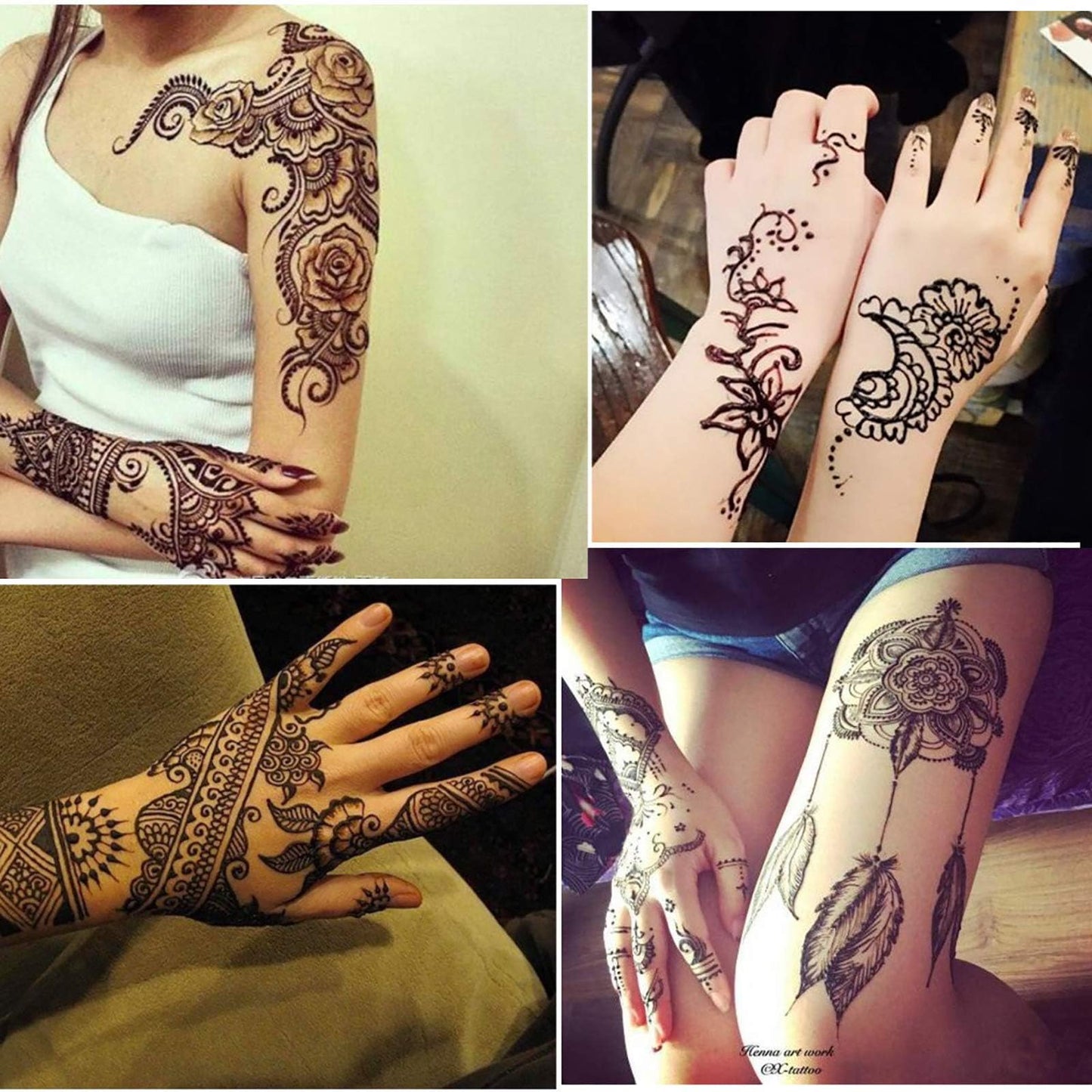 Temporary Tattoo kit，4Pcs Tattoo Cones,100% Natural Ready to Use Black Tattoo Paste, India Body DIY Art Painting for Women Men Kids with 20 Adhesive Stencils, 1 Bottle, 4Nozzles