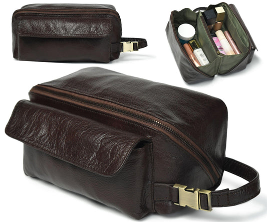 Coyote Bay® Flypouch Premium Full Grain Soft Leather Makeup Bag Small 7.5 Inch, Travel Organizer Pouch, Shaving Kit, Cosmetics Toiletry Bathroom Organizer Kit (Brown, Small)