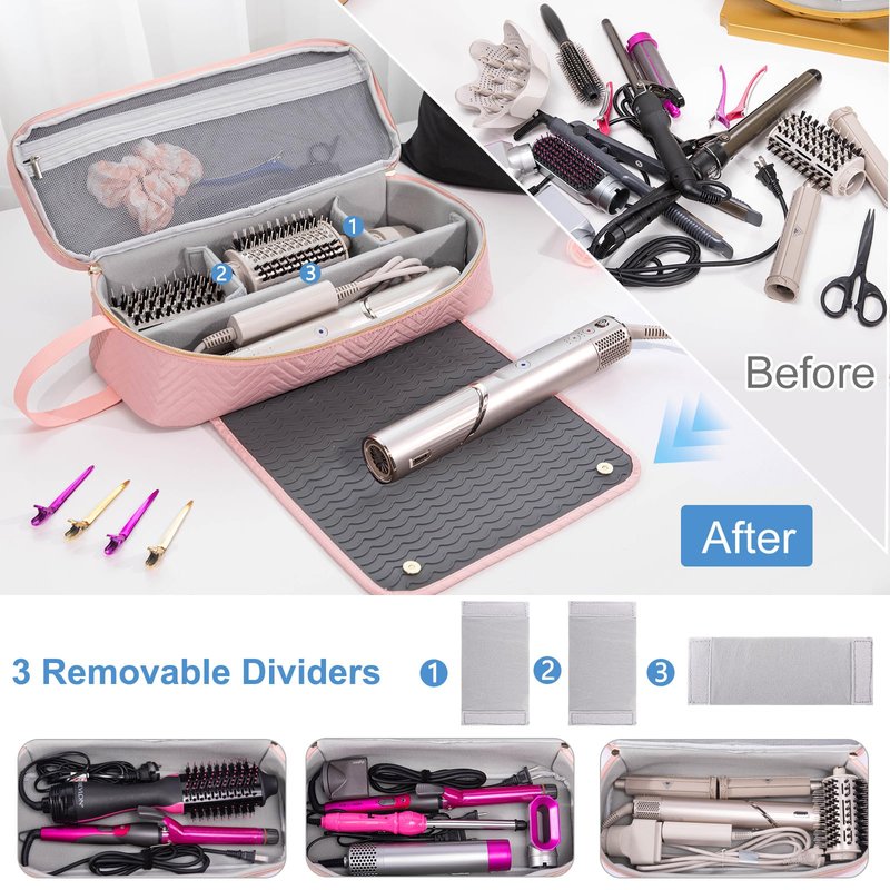 ELCUPA 2IN1 Hair Tools Travel Bag with Heat Resistant Mat for Shark Flexstyle, Flat Irons, Straighteners, Curling Iron, Hair Dryer Case Compatible with Revlon One-Step Hair Dryer, Hair Essentials