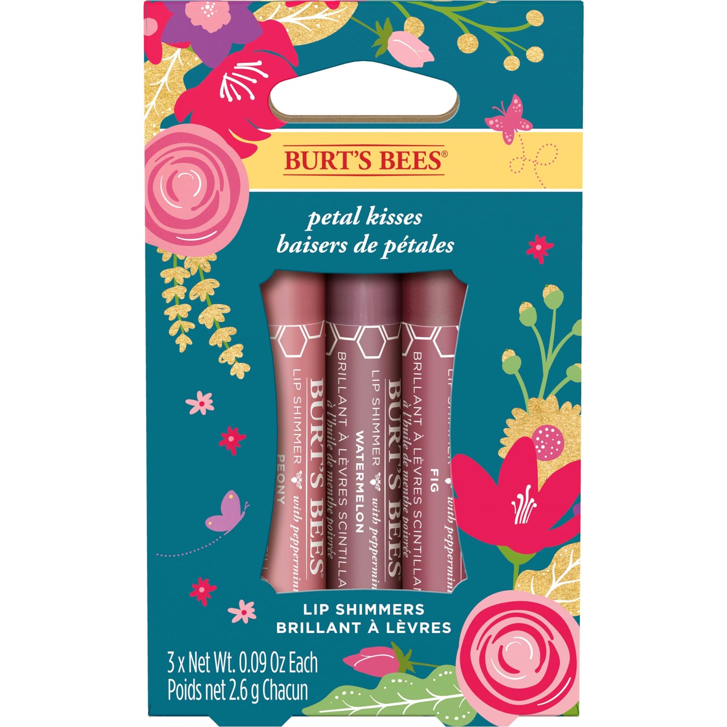 Burt's Bees Kissable Color Spring Gift Set, Petal Kisses, 3 Lip Shimmers in Peony, Fig and Watermelon