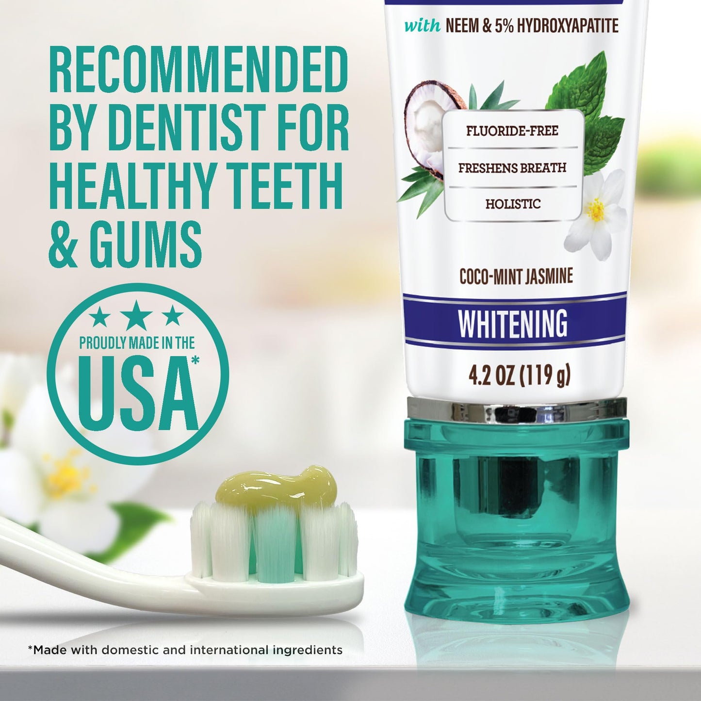 GuruNanda Hydroxyapatite Toothpaste for Whitening with Neem & Xylitol, SLS & Fluoride Free Formula with Tongue Scraper & Squeezer - Freshens Breath, Fights Plaque - Natural CocoMint Jasmine, 4.2oz