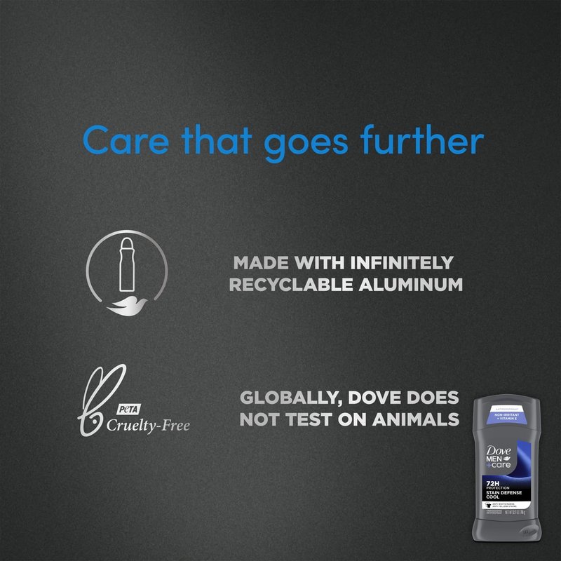 Dove Men+Care Deodorant Stick 4 Count Stain Defense Cool for Men, Anti-white Marks & Anti-yellow Stains with 72-hour Sweat and Odor Protection 2.7 oz