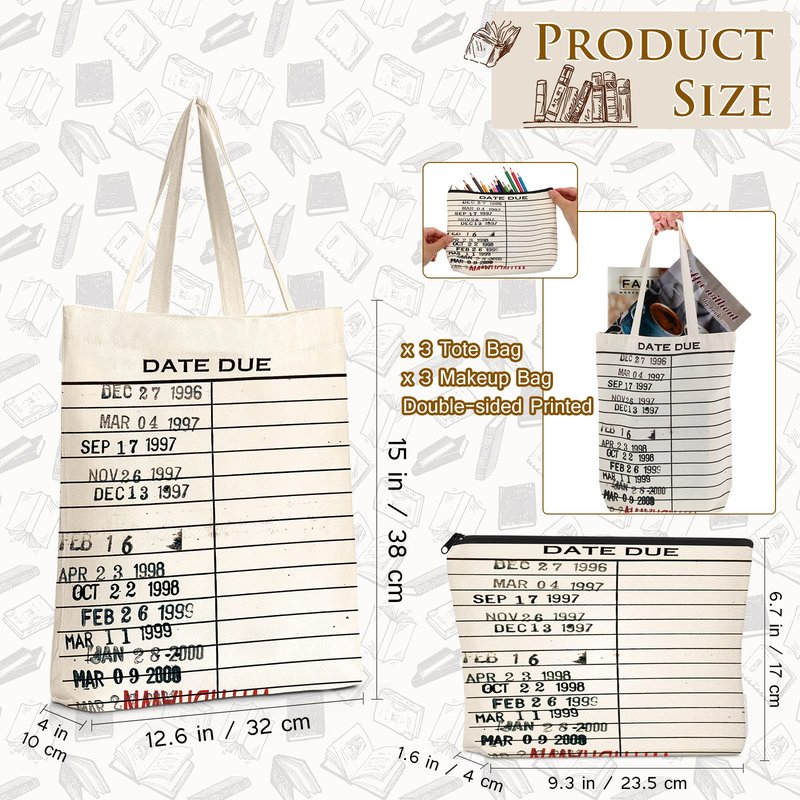 Sieral 6 Pcs Librarian Gifts for Women Library Book Tote Bag Due Date Cards Librarian Gifts Stamp Canvas Vintage Toiletry Bag Aesthetic with Zipper for Book Lovers Women Teacher