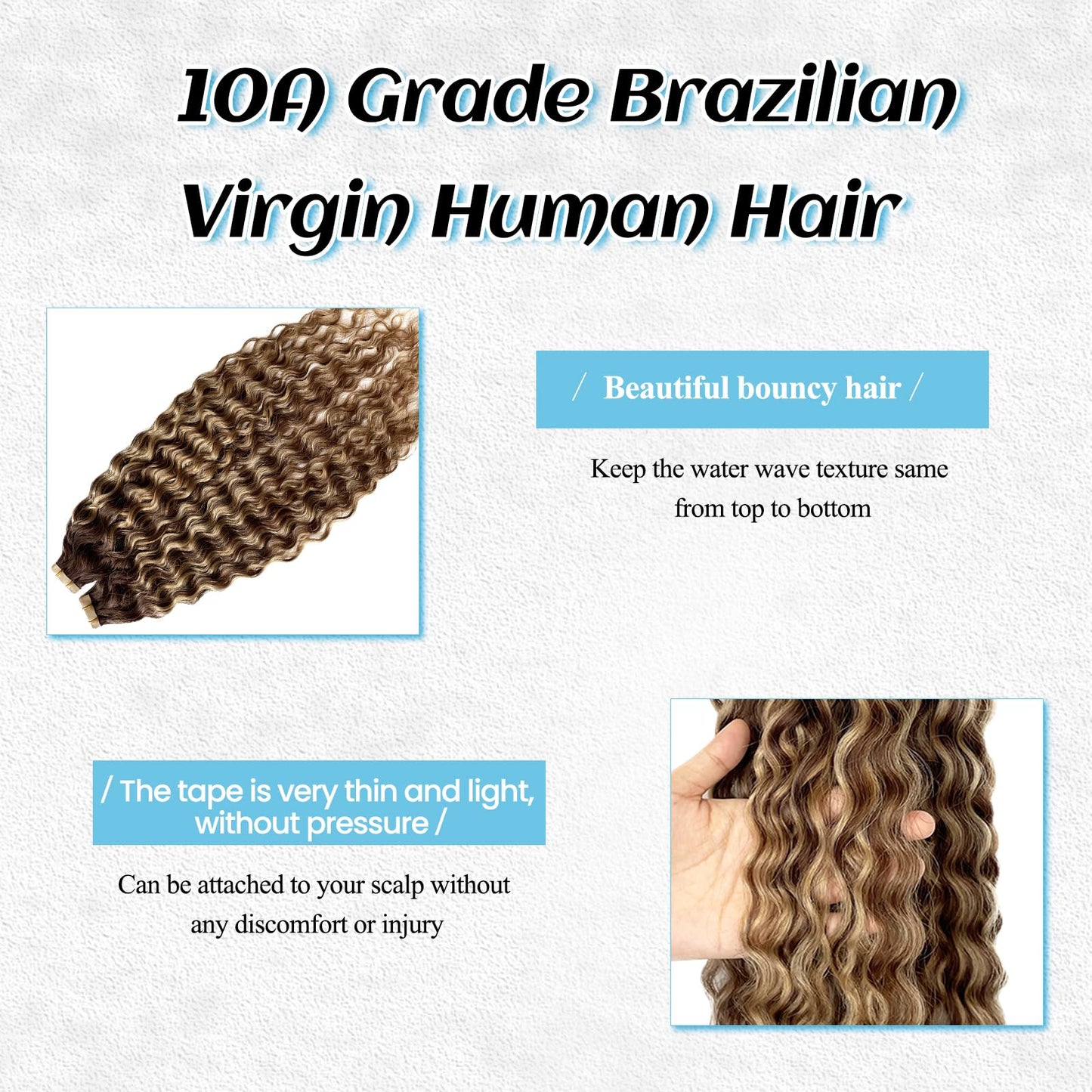 Honey Blonde Highlight Water Wave Tape in Human Hair Extensions Tape ins Real Human Hair Extensions for Black Women Ombre Brown with Caramel Blonde Highlight Loose Curly Skin Weft Hair Extension 12”