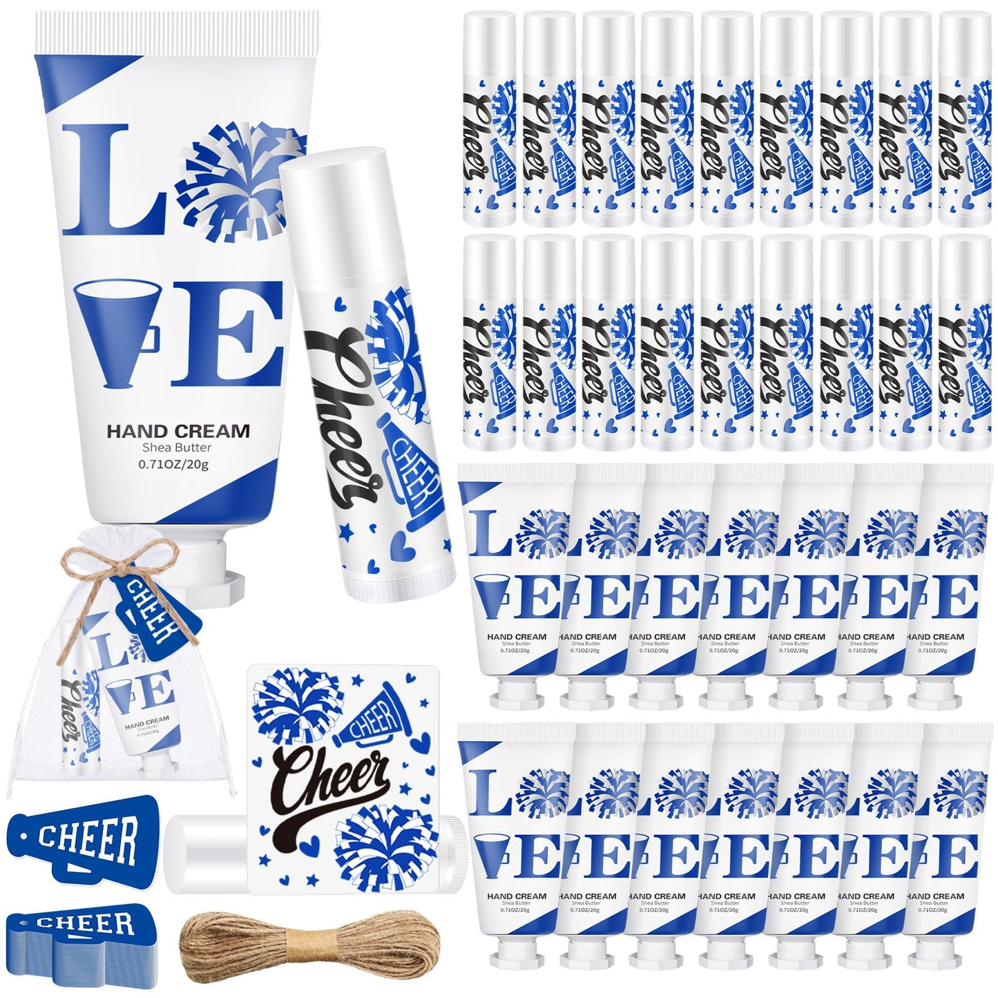 Heigble 144 Pcs Cheerleading Lip Balms Hand Cream Sets Green Cheerleading Party Supplies Including 36 Lip Balm and Moisturizing Hand Cream 36 Organza Bags Cards and Ropes for Team Thank You Gifts