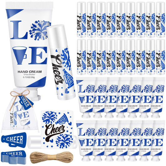 Heigble 144 Pcs Cheerleading Lip Balms Hand Cream Sets Green Cheerleading Party Supplies Including 36 Lip Balm and Moisturizing Hand Cream 36 Organza Bags Cards and Ropes for Team Thank You Gifts