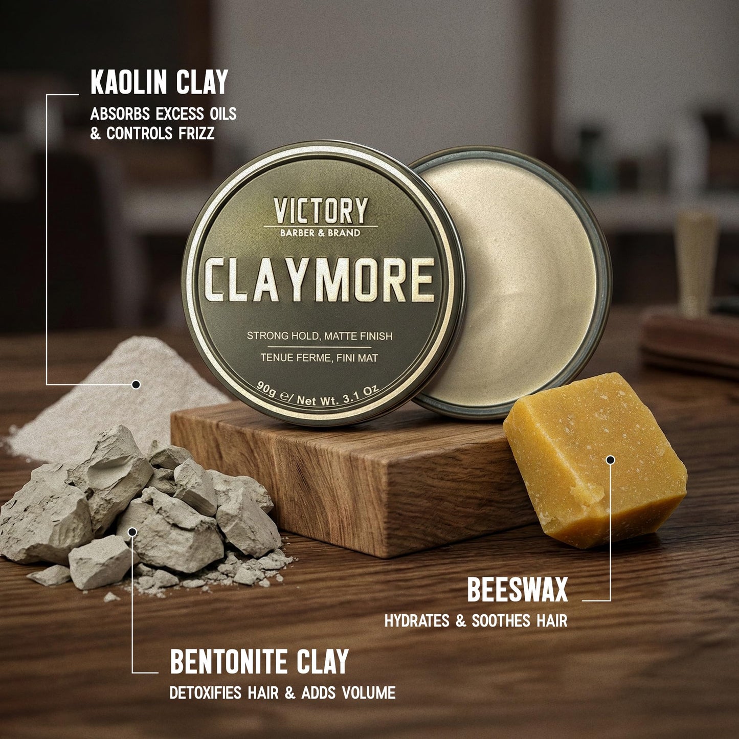 Victory Barber & Brand Claymore hair pomade for men | Strong Hold Matte Finish Men's Clay Pomade | made in usa | Designed by barbers, made for the rugged | Texturizing & Styling Clay 3.1 Oz