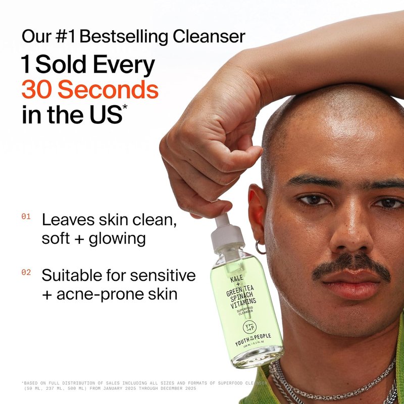 Superfood Facial Cleanser - Kale & Green Tea Daily Face Wash for Glowing Skin | pH Balanced, Refillable, Gentle Makeup Remover