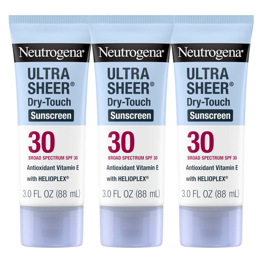 Neutrogena Ultra Sheer Dry-Touch Sunscreen SPF 30 for Face & Body, Lightweight Non Greasy, Broad Spectrum UVA/UVB, No White Cast, Water Resistant (80 Min) Travel Sunscreen Lotion, 3 fl oz, Pack of 3