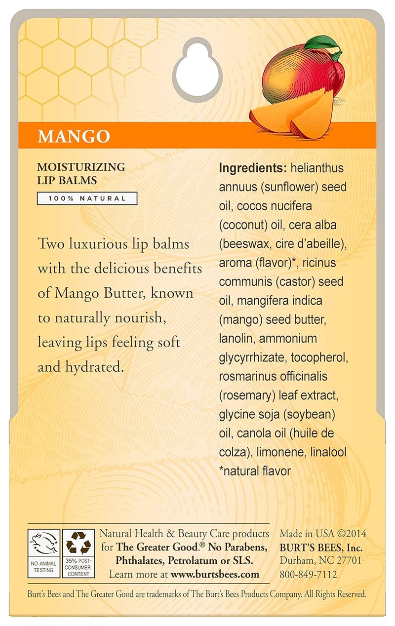 Burt's Bees Lip Balm - Mango Flavor, Natural Beeswax Moisturizer | 2 Tubes, 0.15 oz Each