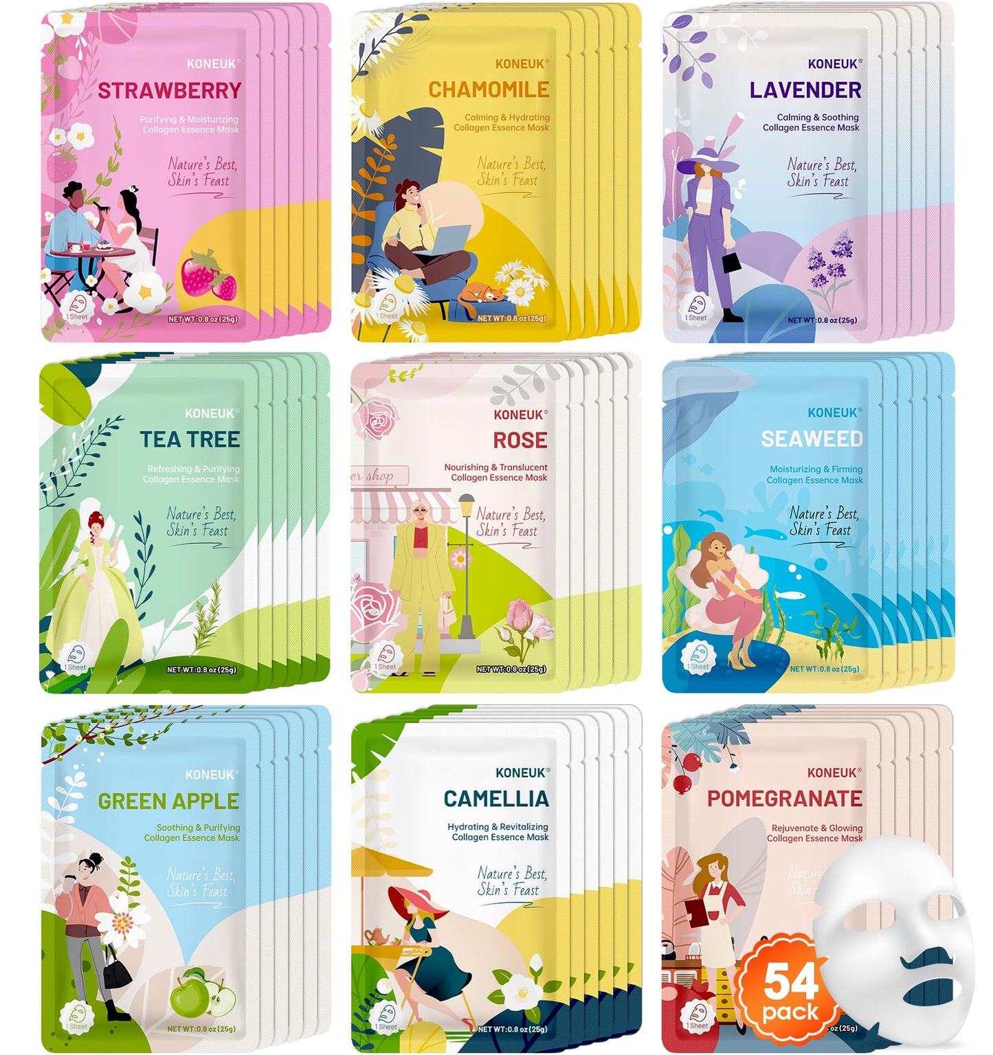 54 Pack Bulk Sheet Face Masks Skincare, Hydrating and Moisturizing Face Mask for All Skin Types, Collagen Facial Masks for Skin Care, Mothers Day Gifts, Teacher Appreciation Gifts (9 Types x 6 Pcs)