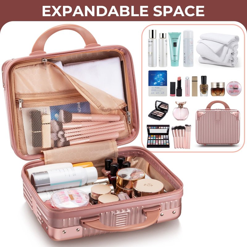 Noverlife 14 Inch Portable Makeup Travel Case Hand Luggage, Pressure-proof ABS Carrying Makeup Case Suitcase with Elastic Band, Small Hard Shell Cosmetic Case for Travel Camping Women Girl - Rose Gold