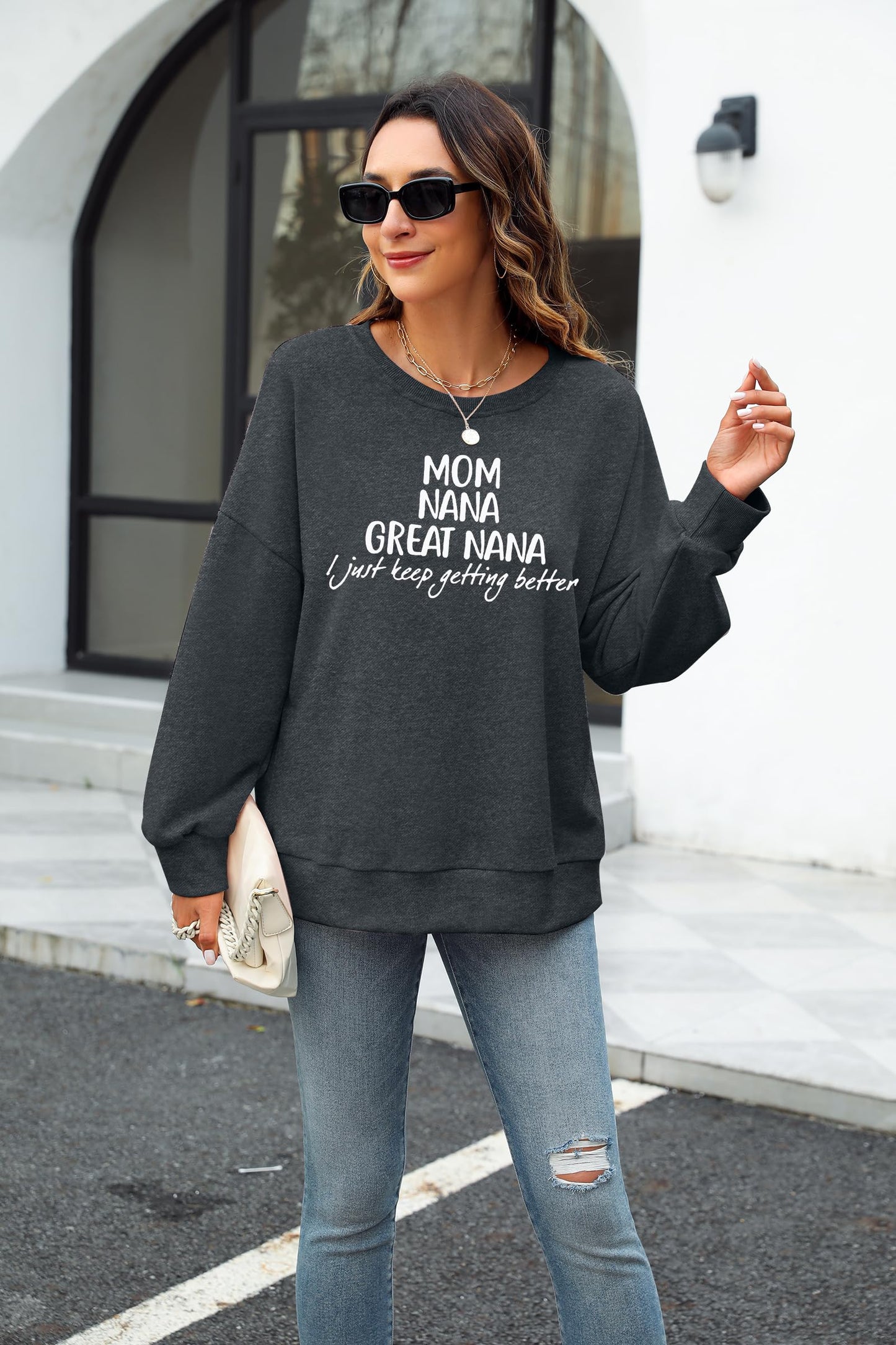 LUKYCILD Nana Sweatshirt Women Mom Nana Great Nana Shirt Grandma Long Sleeve Shirt Grandmom Gigi Mimi Sweatshirts Gray