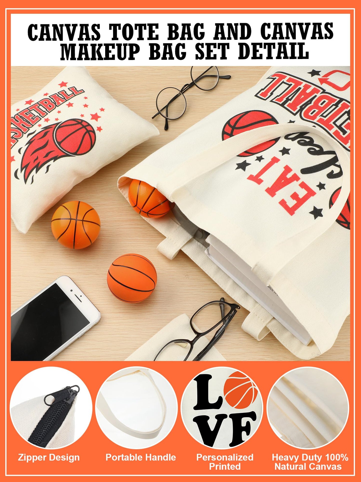 Huhumy 18 Pcs Volleyball Basketball Gifts for Women Cosmetic Bag Canvas Tote Bags Set for Teen Makeup Travel Players Teams(Basketball)