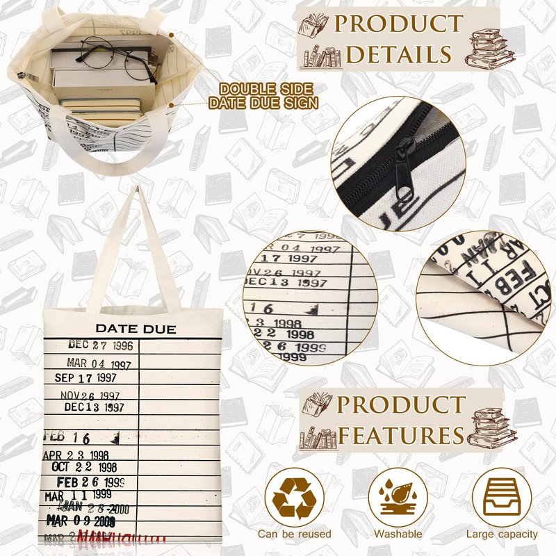 Sieral 6 Pcs Librarian Gifts for Women Library Book Tote Bag Due Date Cards Librarian Gifts Stamp Canvas Vintage Toiletry Bag Aesthetic with Zipper for Book Lovers Women Teacher