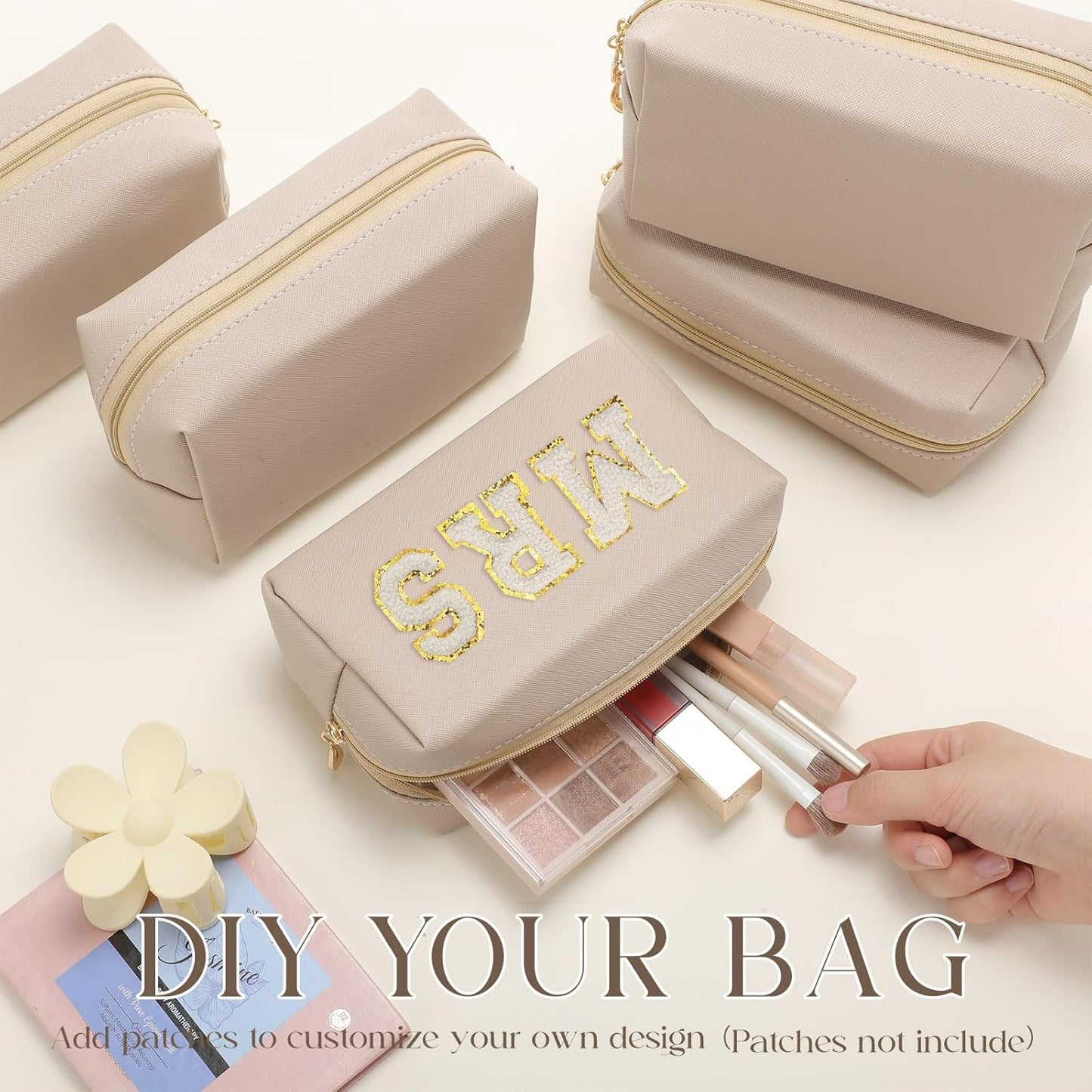 Aesthetic Makeup Bags - PU Leather Waterproof Cosmetic Pouches for Women | Travel Organizer (Nude, 7.1 x 2.8 x 4.3 in)
