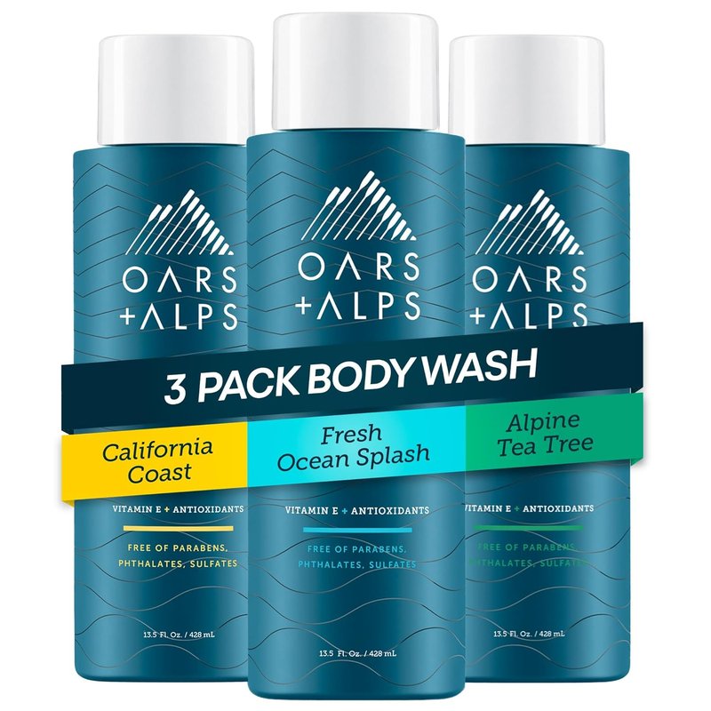 Oars + Alps Men's Body Wash & Face Cleanser - Moisturizing Formula with Vitamin E | 3-Pack Variety Set