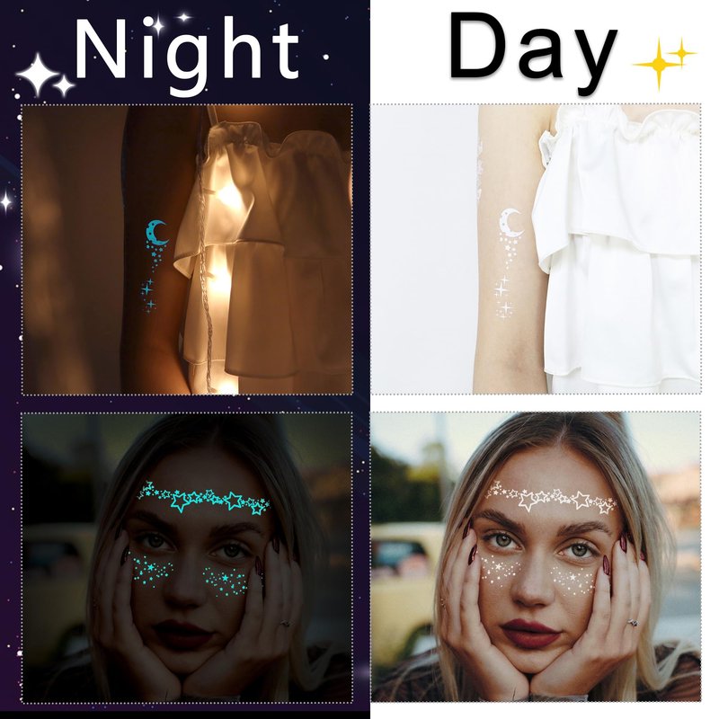 Fssqii Blue Luminous Temporary Tattoos Glow in the Dark Music Festival Moon Tattoos Waterproof Planet Star Fake Tattoo Sticker for Women Men Face Body Arm Party Cute Skin Tattoo Decorations
