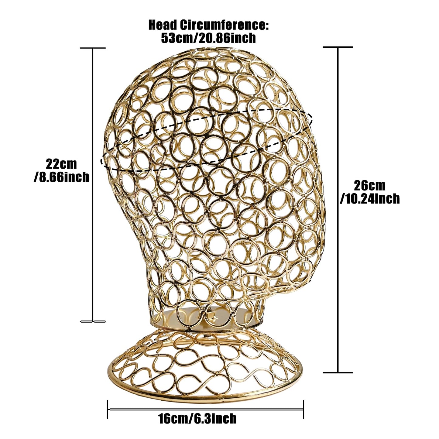 CHADWICK Wig Head Stand Metal Hollow Mannequin Head Hat Display Stand Wig Holder, Wig Display Model Head Wig Stand for Wigs, Hats, Caps, Headdress, Headphones, Dome + Detachable Stand, Chrome Gold