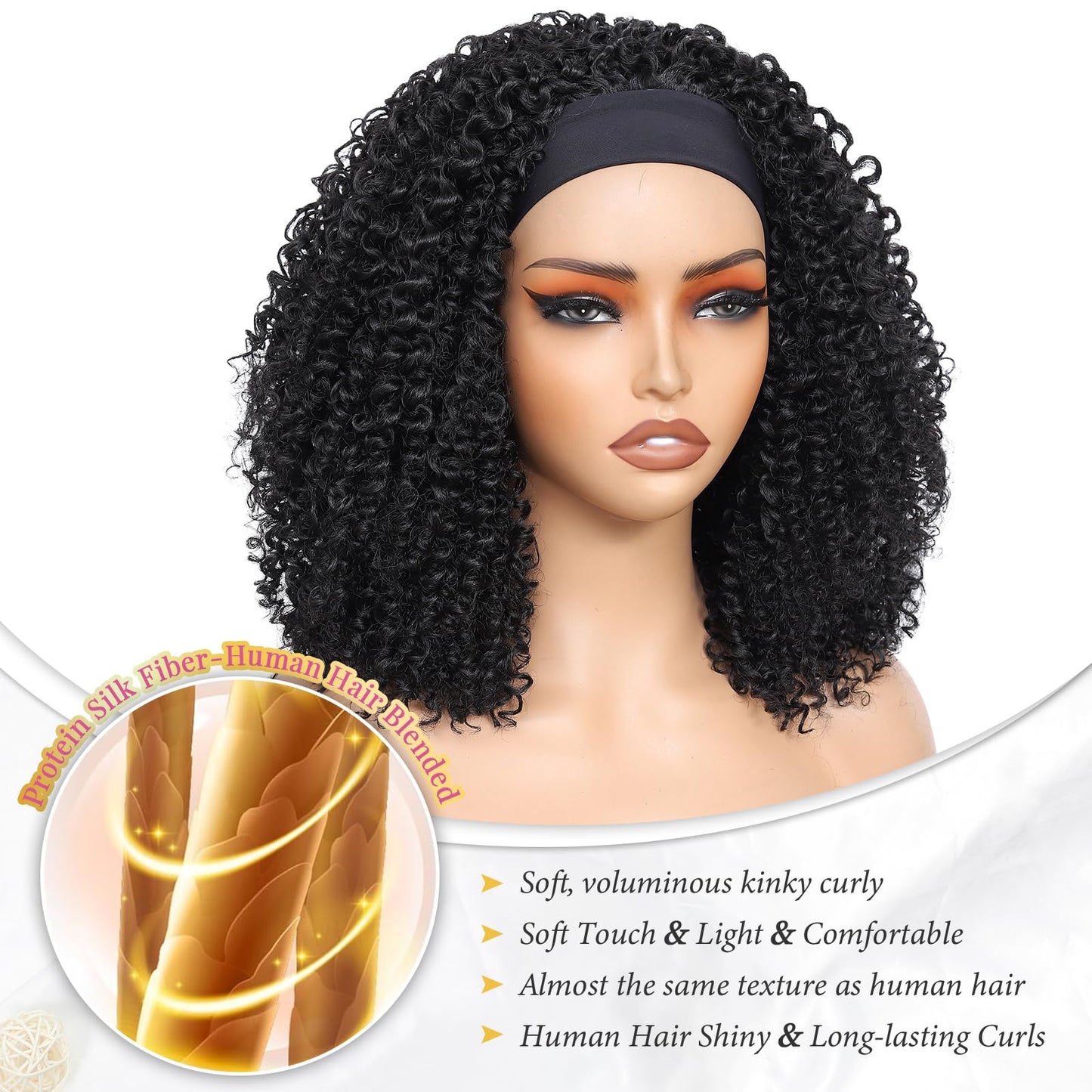 Urbeauty Short Kinky Curly Headband Wigs for Black Women Pink Mango Human Hair Soft Feeling Protein Silk Synthetic Hair Soft Lightweight Glueless Quick Install, Beginner Friendly Daily & Flip Over Wig
