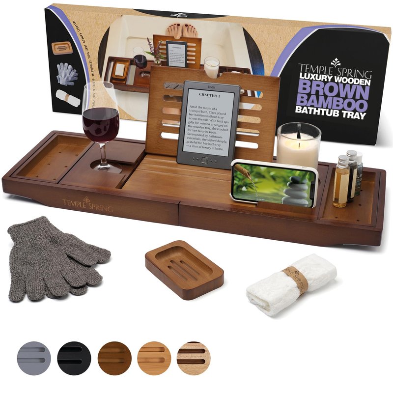 Temple Spring Bamboo Bathtub Tray Caddy for Tub — Expandable Wood Bath Tray with Solid Book Stand Wine Holder and Non-Slip Pads — Includes Bamboo Soap Dish and Spa Accessories — Luxury Bath Gift Set