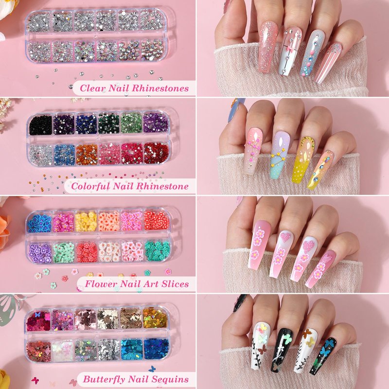 Acrylic Fake Nails Kit Press On Nail Kit with Clear Coffin Nail Tips Nail Display Stand Sequins Sticker Rhinestones Decorations Nail Glue Nail Clay Fine Glitter DIY Nail Art Tool and Supplies