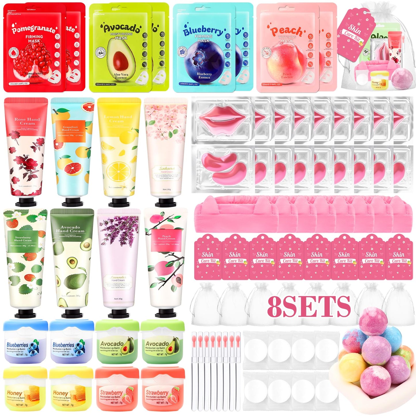 Ponhey 88 PCS Spa Party Supplies, Spa Party Favors Include Face Masks Skincare, Hand Cream, Lip Balm, Under Eye Patches, Lip Mask and Foot Bath Bombs, Spa Birthday Sleepover Party Supplies