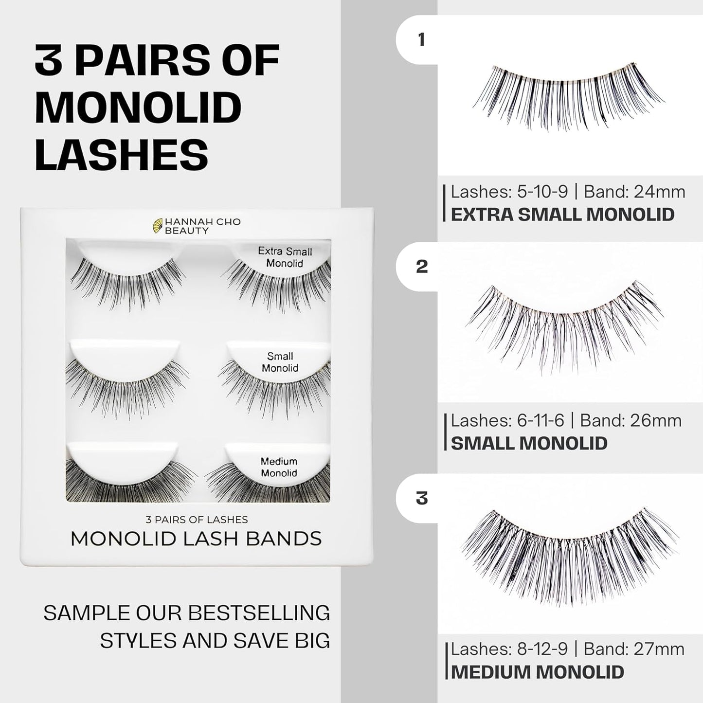 False Lashes for Monolids Starter Kit - Natural Strip Lashes for Heavy Eyelids | 3 Pairs, Applicator & Adhesive