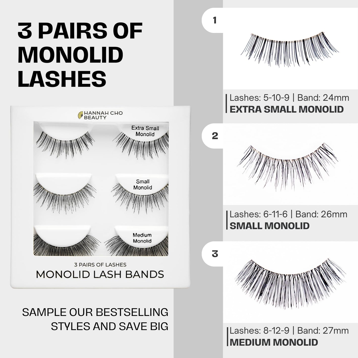 Best Lashes for Monolids Sample Pack - 3 Pairs of Strip False Lashes - Bestselling Natural Eyelashes for Monolid Eyes - Real Hair Lashes Smaller Sizes - Hannah Cho Beauty