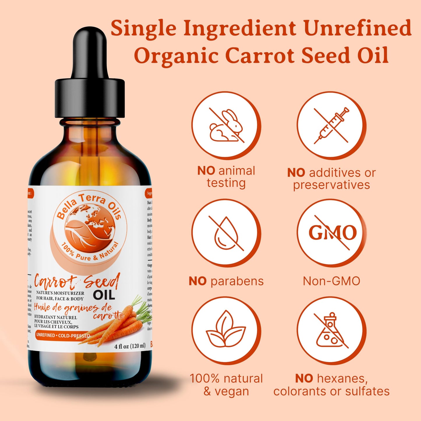 Bella Terra Oils - Organic Carrot Seed Oil 8 oz - Unveiling Organic Carrot's Enzymes & Nutritional Benefits, A Cold-Pressed Delight for a Natural Skin Glow
