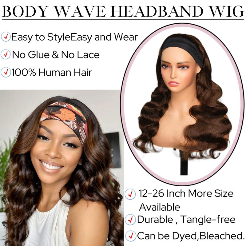 Head Band Wigs Human Hair Chocolate Brown Glueless 100% Human Hair None Lace Front Wig Virgin #4 Colored Headband Wig Human Hair 180 Density 12inch