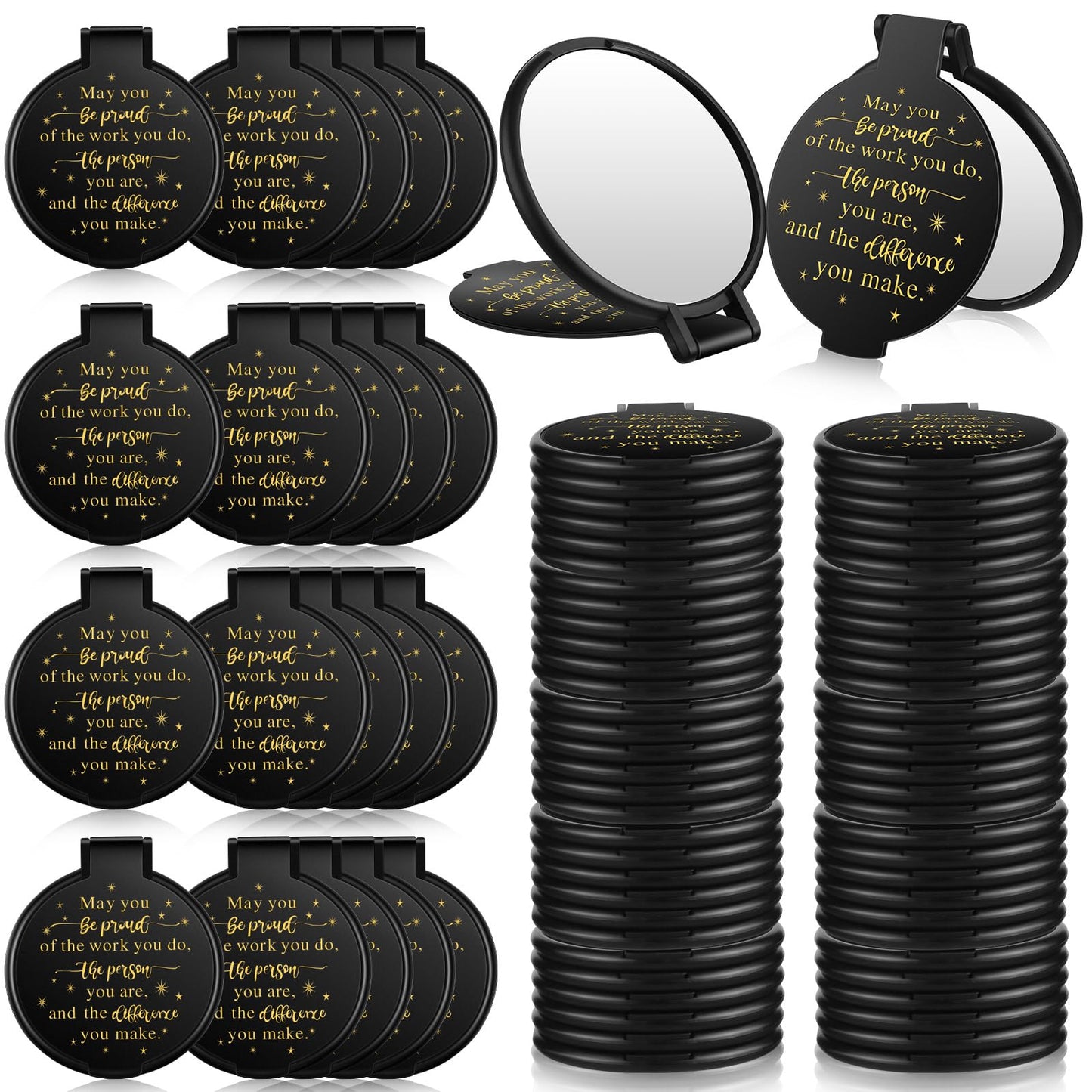 Huwena 100 Pcs Inspirational Compact Mirror Bulk Mini Gifts Women Round Purse Pocket Mirror, Mothers Day Employee Appreciation Gifts, Wedding Party Favors for Guests(Black,Proud)