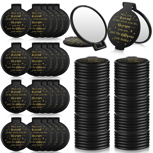 Huwena 100 Pcs Inspirational Compact Mirror Bulk Mini Gifts Women Round Purse Pocket Mirror, Mothers Day Employee Appreciation Gifts, Wedding Party Favors for Guests(Black,Proud)