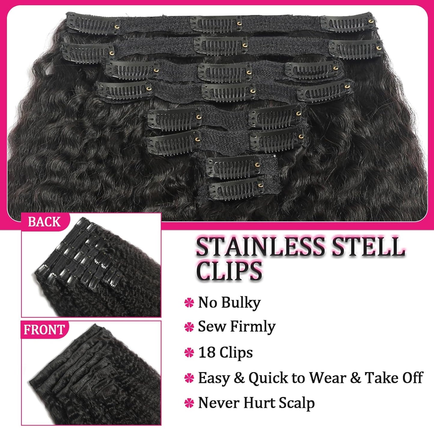 Real Human Hair Clip In Extensions - 20 Inch Kinky Straight, 120g, Full Head, Natural Black