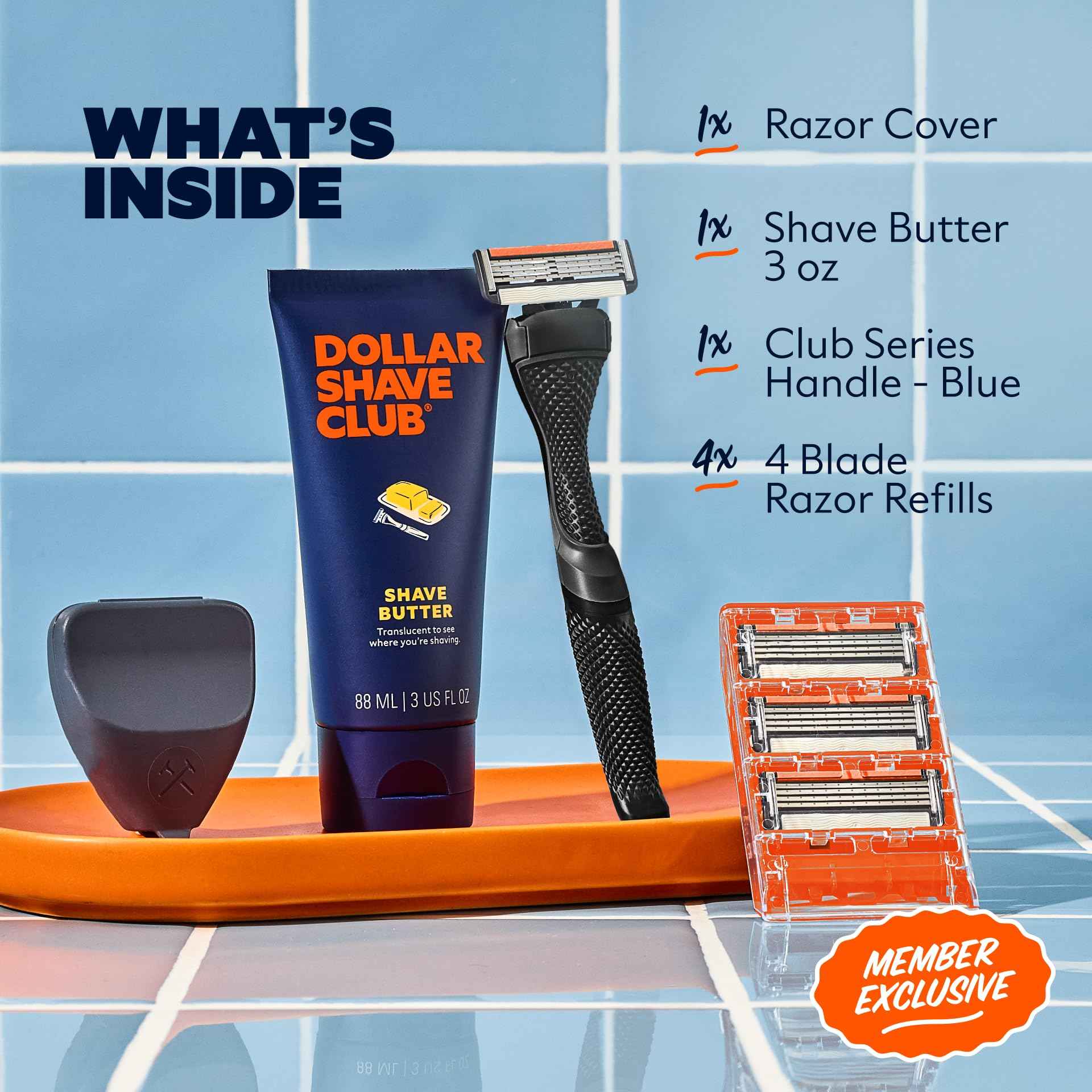 Dollar Shave Club | The Member Exclusive Shave Set | 4 Swift Rinse Refill Cartridges, 1 Handle (Black), 1 Shave Butter 3 ounce, 1 Razor Cover, Razors for Men