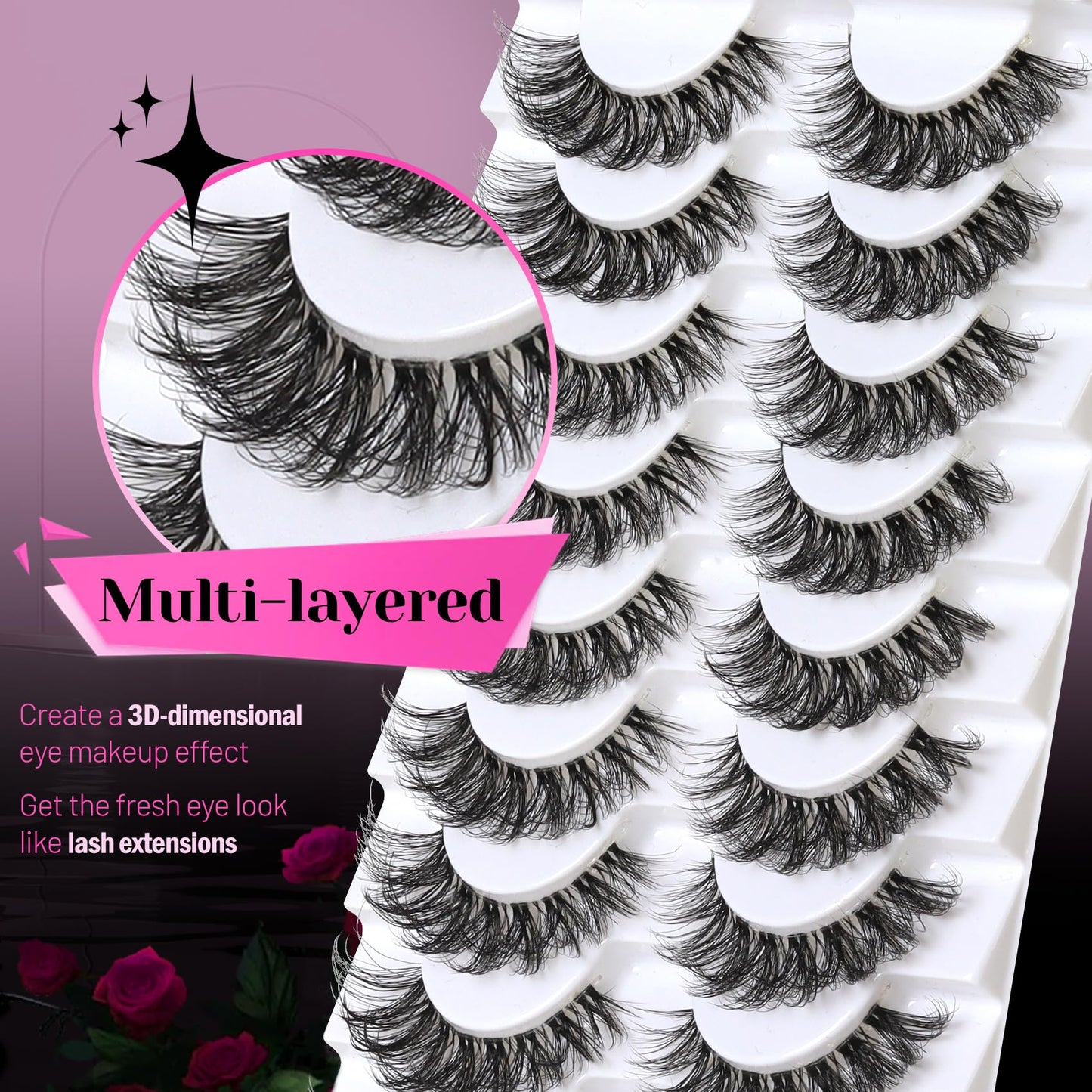 Veleasha Lashes Russian Strip Lashes Eyelashes with Clear Band Looks Like Eyelash Extensions D Curl Lash Strips 10 Pairs Pack (DT01)