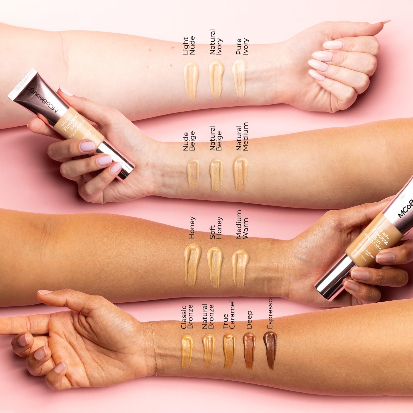 MCoBeauty Miracle Flawless Skin Liquid Foundation Natural Ivory - Buildable Medium Coverage Dewy Finish for All Skin Types - Hyaluronic Acid Coconut Water Rose Water Hydrating Face Makeup Vegan - 1