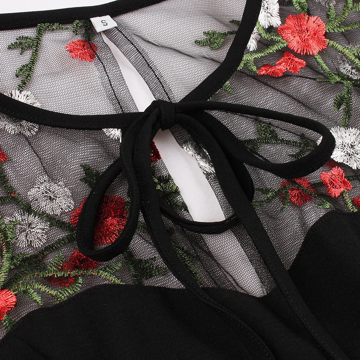 Women Keyhole Tie Neck Mesh Sleeve Vintage Cocktail Swing Dress Sweetheart Illusion Embroidery Flower 50s Pleated A-line Rockabilly Prom Dress Wedding Party 1950s Retro Casual Midi Dress Floral 4XL