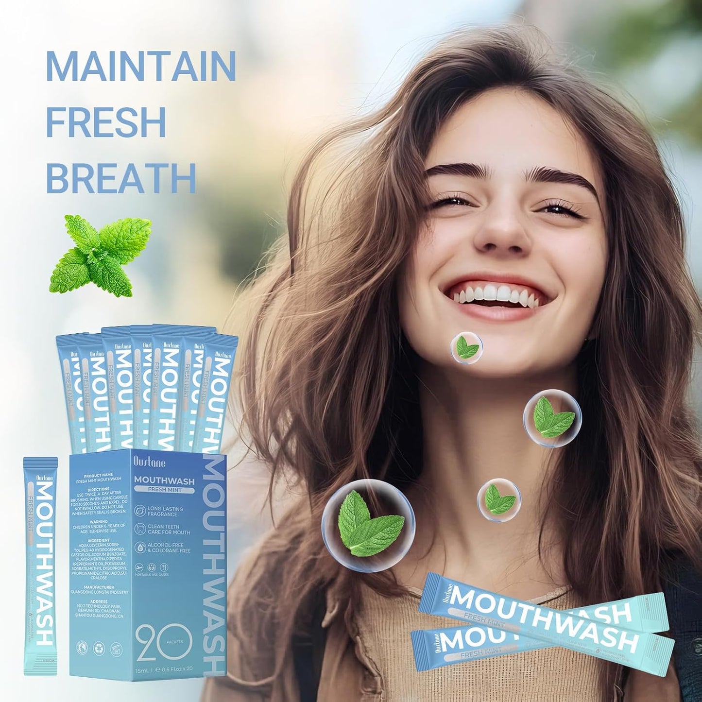 Fresh Mint Mouthwash - Alcohol-Free Travel Size Packets | 15ml, Long-Lasting Freshness (20 Pack)