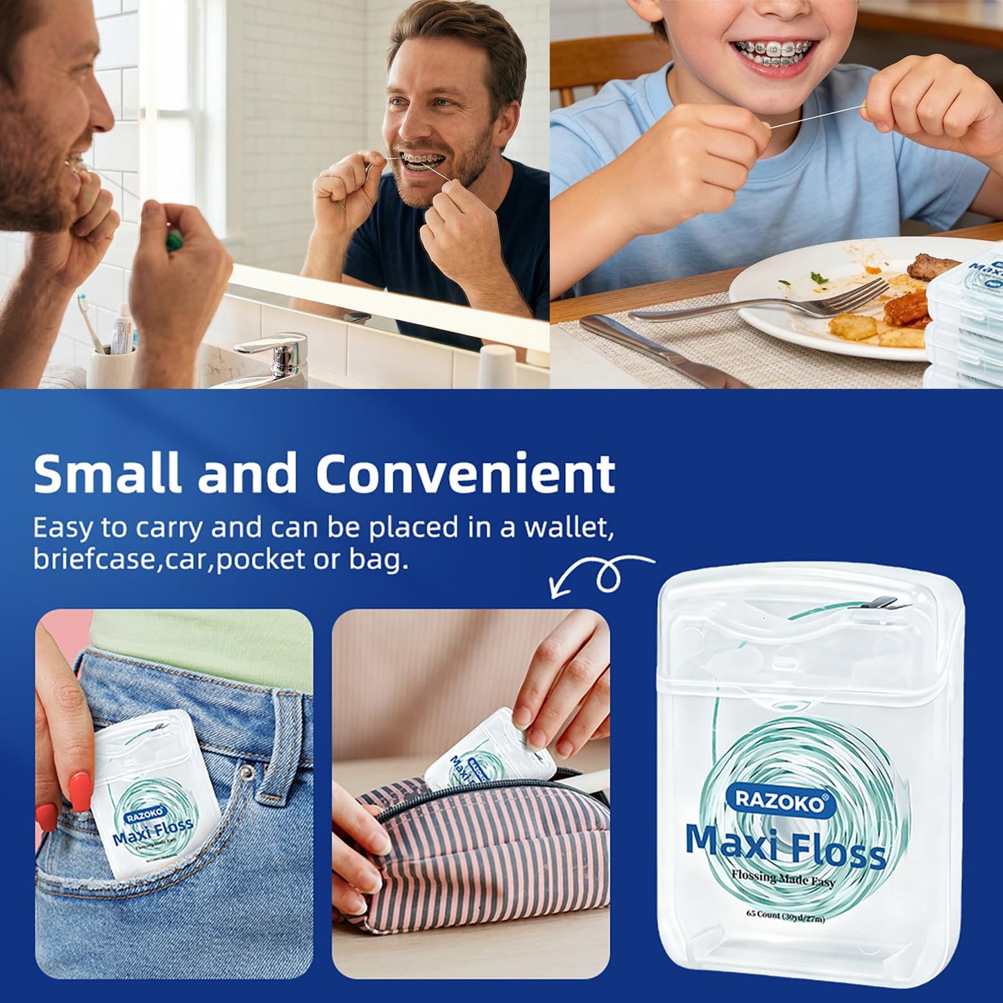 RAZOKO Threader Floss for Braces,Implants and Wide Tooth Gaps-130 Count Pre-Measured Strands 2-in-1 Expanding Waxed Dental Floss for Deep Clean,Gentle for Adults & Kids,Light Mint Flavored
