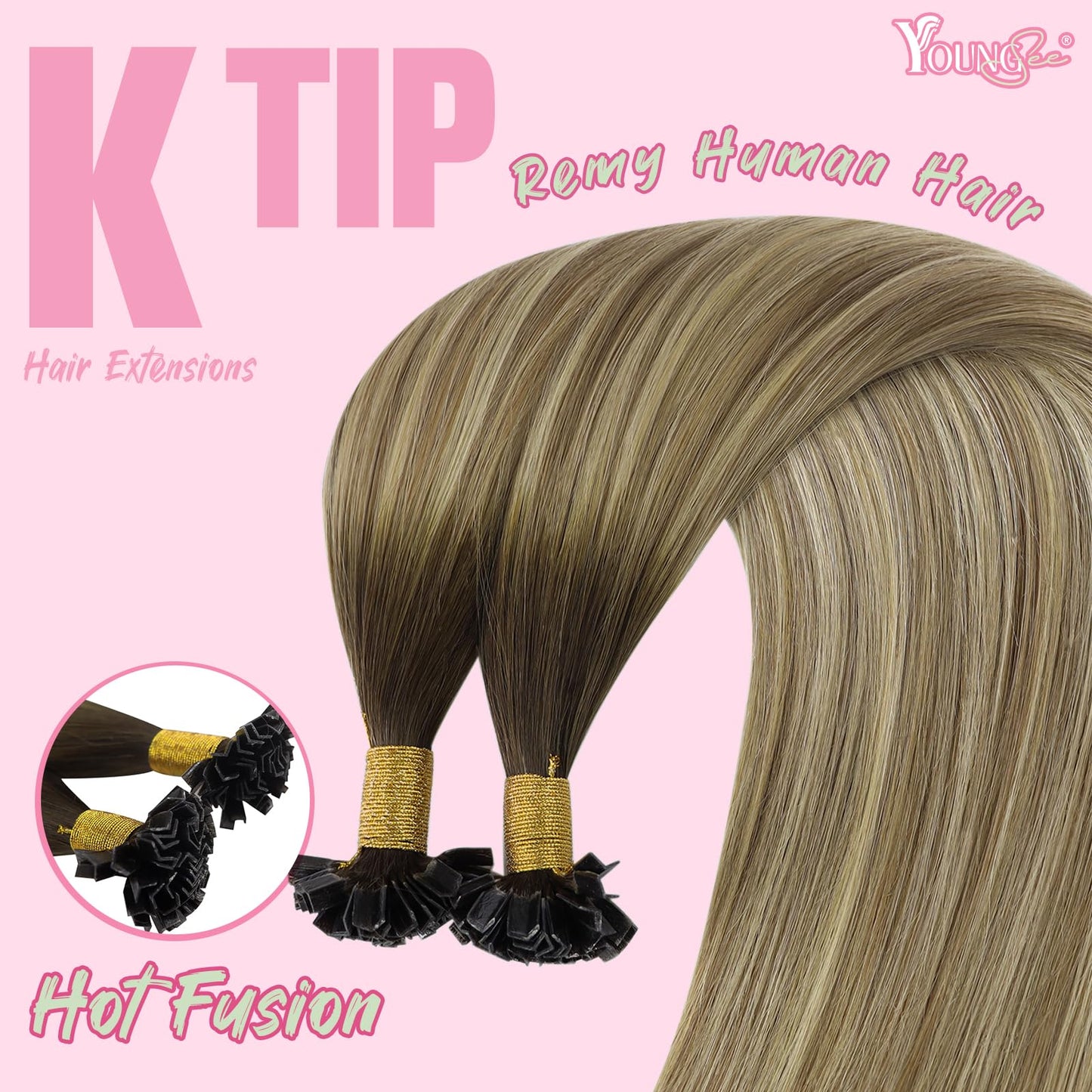 YoungSee Ktip Hair Extensions Human Hair Balayage K Tip Extensions Dark Brown Ombre Brown with Blonde 14 Inch Soft 50s/50g